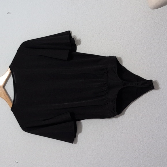 EXPRESS Satin Black Flutter Sleeve Wrap Front Bodysuit Women's Size Small - Picture 8 of 13